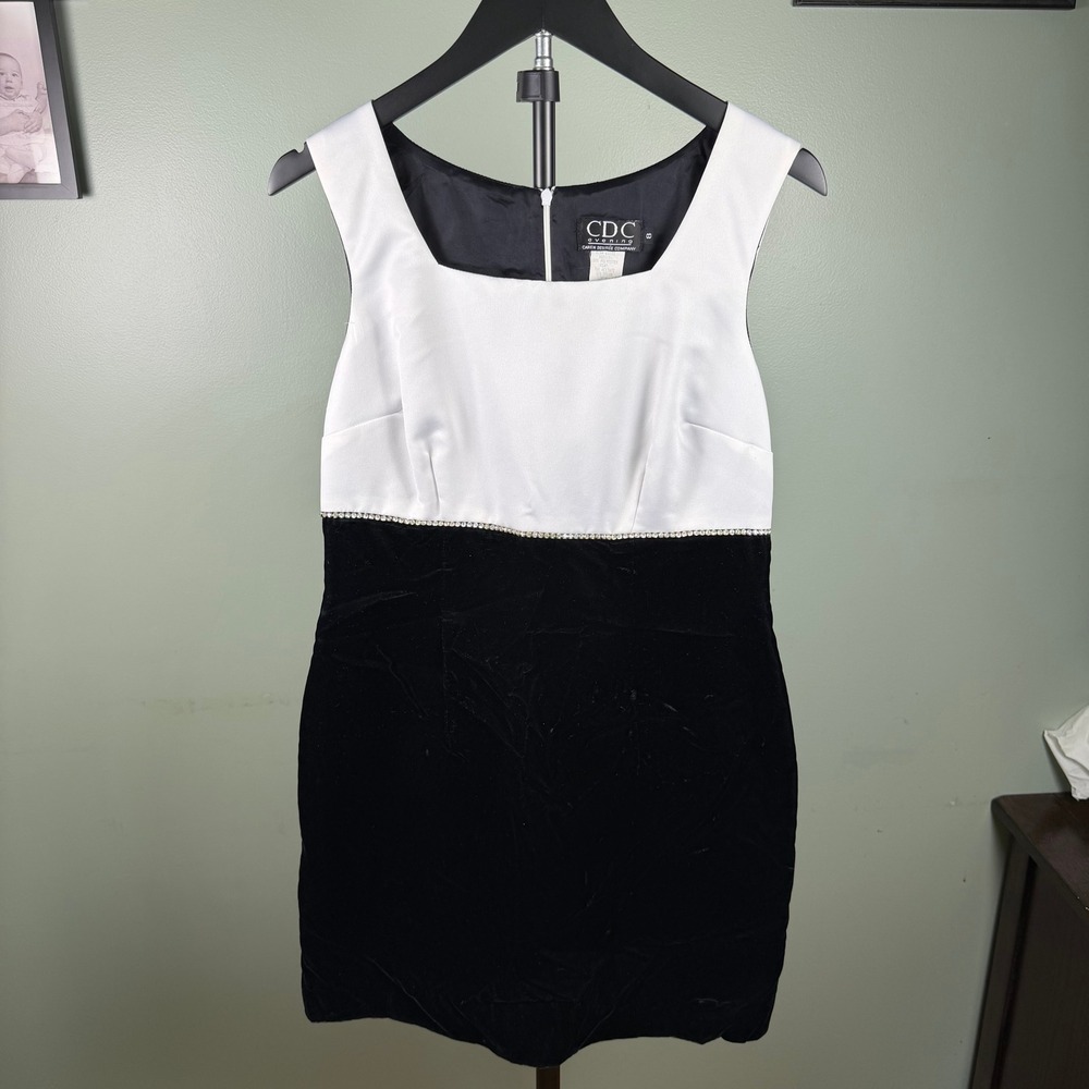 CDC Evening Vintage Y2K Womens Cocktail Mini Dress Black White Rhinestone Trim
